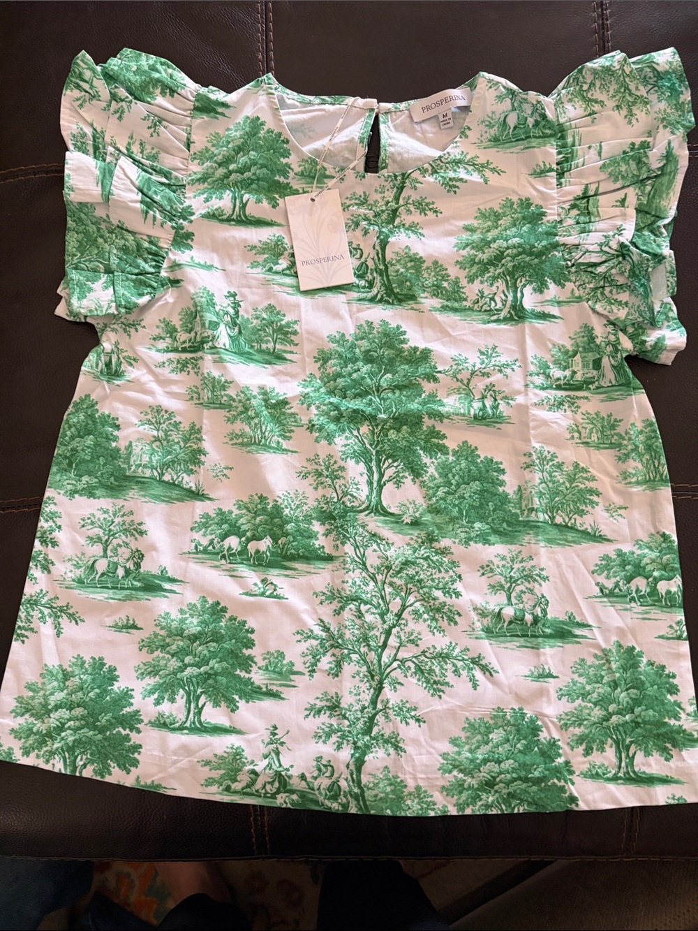 Green Scenic Print Ruffle Sleeve Top